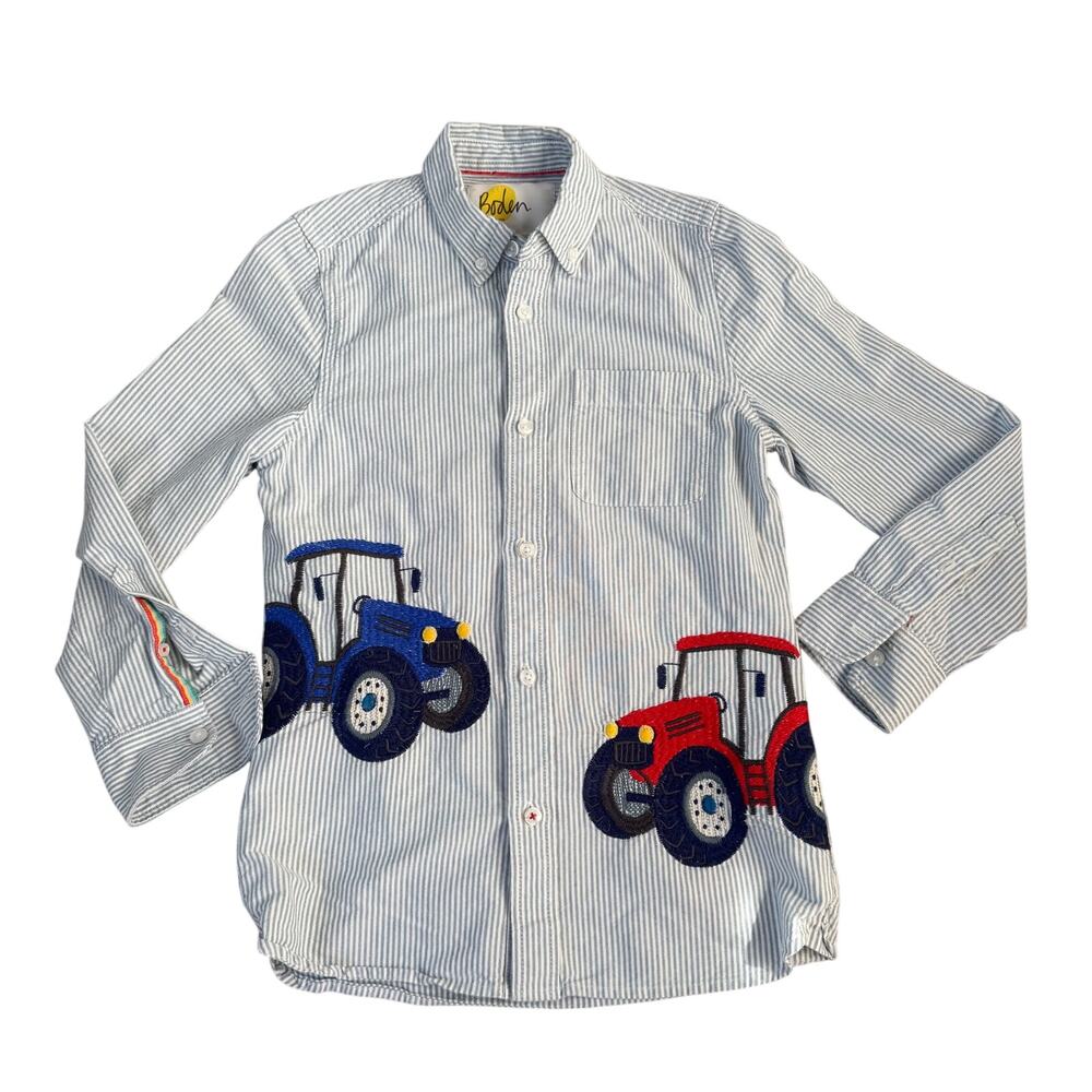 Boden Boys Striped Button Down Shirt Embroidered Tractors 9-10Y